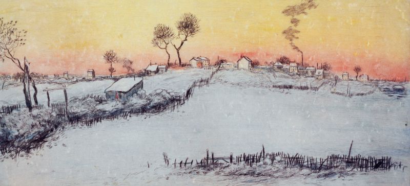 Paisaje al atardecer con nieve, pintura al óleo de Jean François Raffaëlli