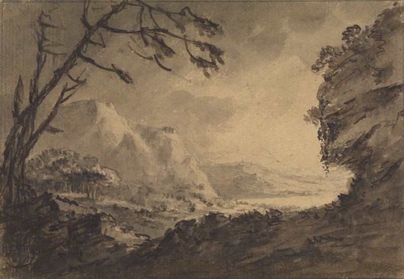 A Rocky Landscape de William Gilpin, óleo sobre tela com formações rochosas e uma paleta quente.