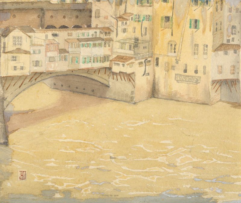 El Ponte Vecchio se arquea sobre el río Arno, pintura al óleo de John Ireland Howe Down