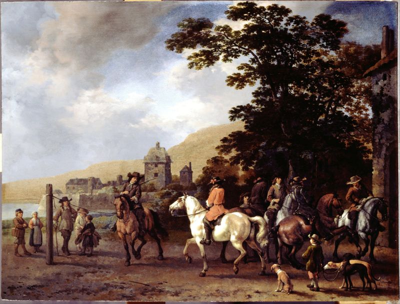 A Riding School in the Open Air by Abraham Van Calraet, depicting riders and horses in an outdoor arena.
