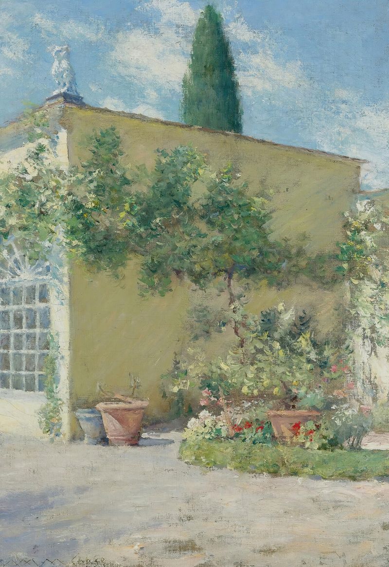 Escena botánica con flores y follaje, pintura al óleo de William Merritt Chase