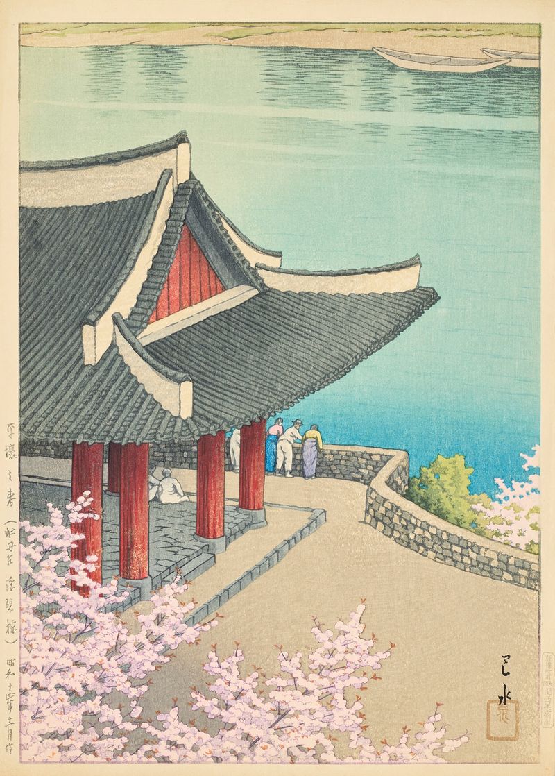 Grabado en madera de Kawase Hasui que representa flores de primavera en el Pabellón Pubyong, Pyongyang.