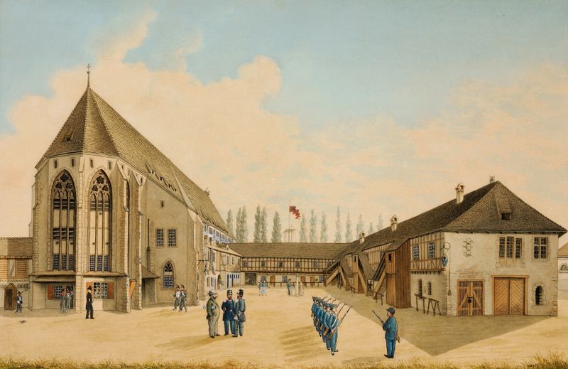Arquitetura de um antigo mosteiro por Johann Jakob Schneider, pintura a óleo