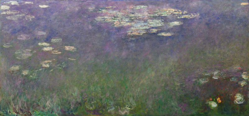 Pintura al óleo de Claude Monet que muestra lirios de agua flotando en un estanque