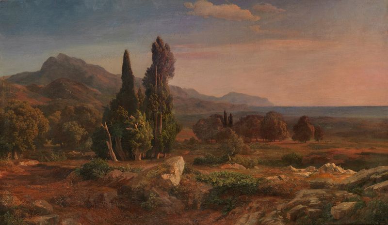 Paisagem com ciprestes e céu azul de Johann Wilhelm Schirmer, pintura a óleo