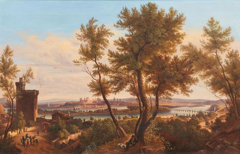 Paisaje de Avignon con edificios ocre y luz suave, pintura al óleo de Anton Castell