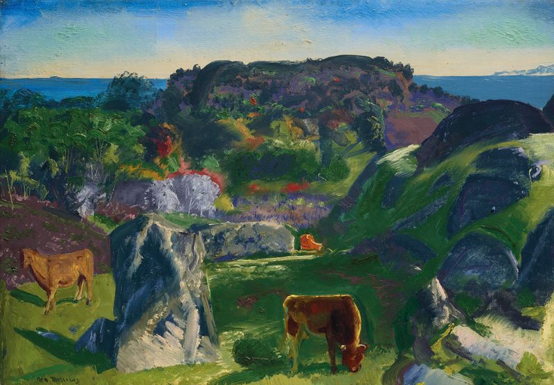 Rock Ridge Farm de George Wesley Bellows, óleo sobre lienzo que representa una granja en un paisaje exuberante