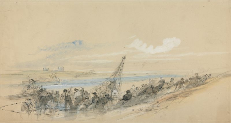 Marine scene with fishermen hauling in nets, oil painting by George Bryant Campion