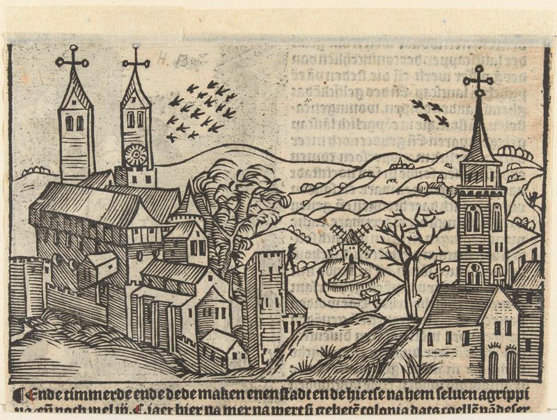 Gezicht op de stad Keulen, gravura de Unknown Artist, representando a catedral e a paisagem de Colônia