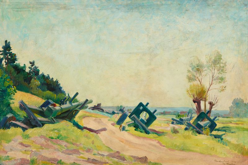 Russian Trenches at Reichenbach de Richard Becker, óleo sobre tela mostrando a terra marcada pela guerra