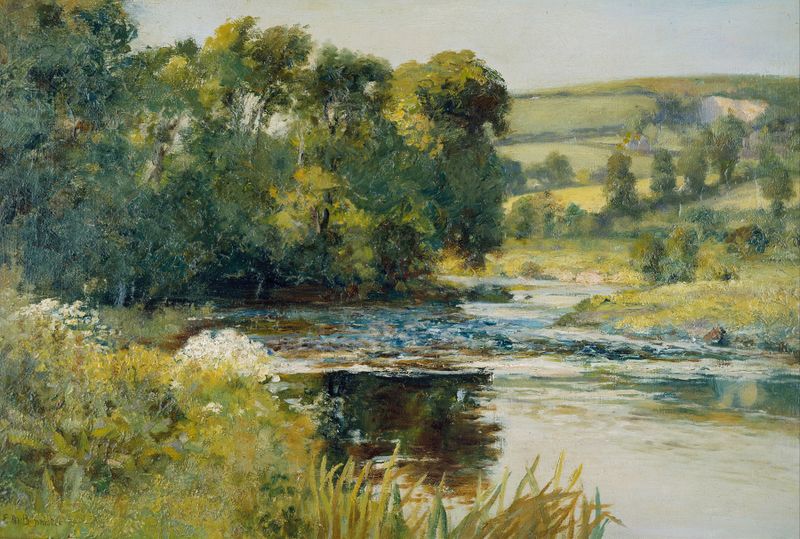 Streamside by Edward Mitchell Bannister, oil painting depicting river and forest reflections.