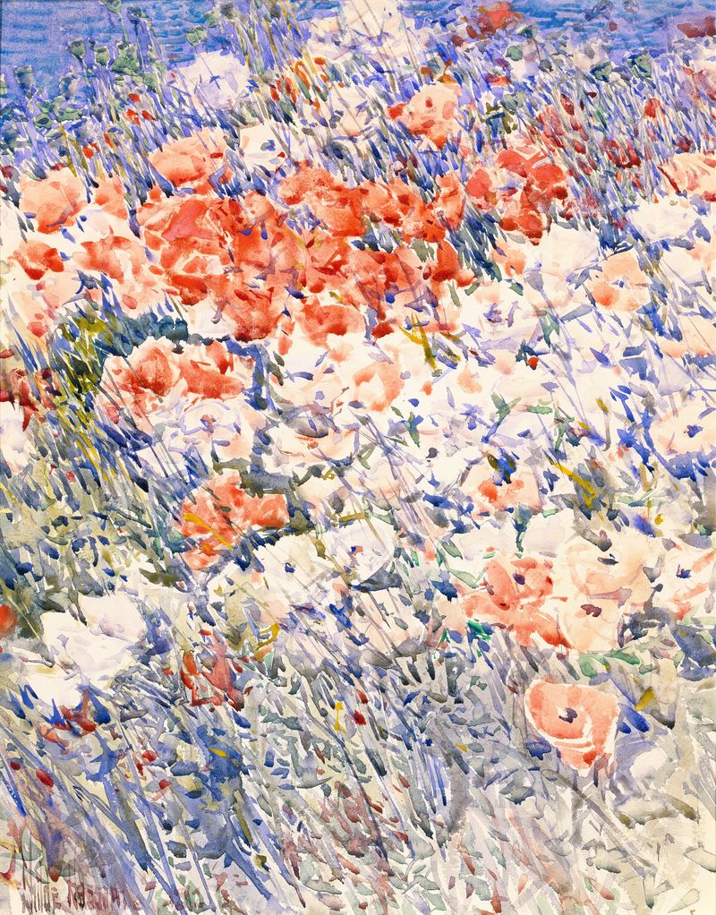 The Island Garden de Childe Hassam, óleo sobre tela, apresenta um jardim exuberante com flores coloridas e luz filtrada.