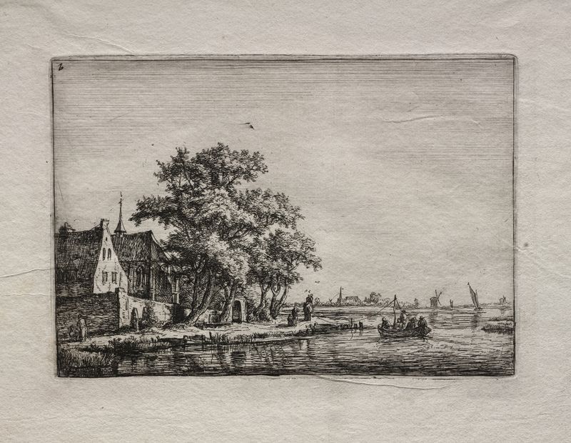 Landscape featuring a cemetery by a canal, oil painting by Antonie Waterloo