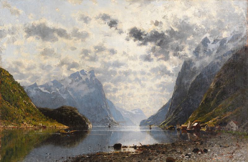 Norwegische Fjordlandschaft by Adelsteen Normann, oil on canvas depicting fjords and sunlight.