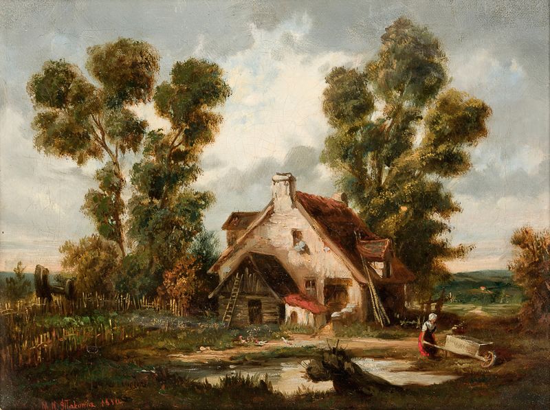 Landscape by Napoleon Michał Iłłakowicz, oil painting depicting a sunset over nature.