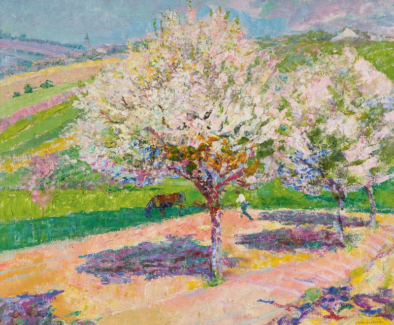 Impressionist landscape with blooming trees by Victor Charreton