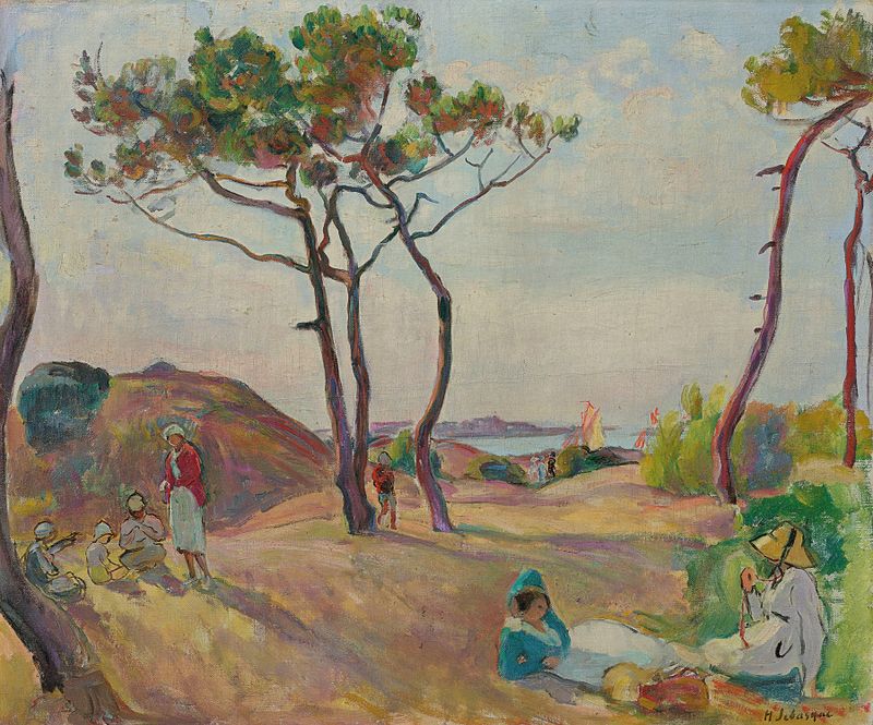 Paisagem com praia, pinheiros e mar de Henri Lebasque, pintura a óleo
