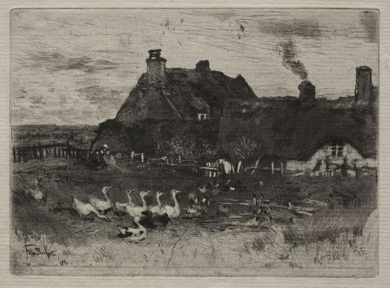 Thatched Cottages by Félix Hilaire Buhot, oil painting depicting rural cottages and lush greenery.