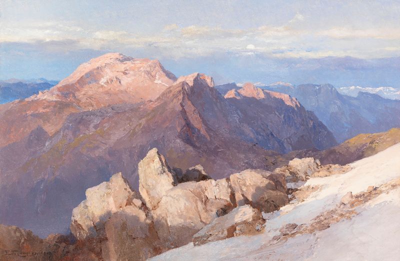 Landscape oil painting by Edward Theodore Compton featuring mountains and clouds.