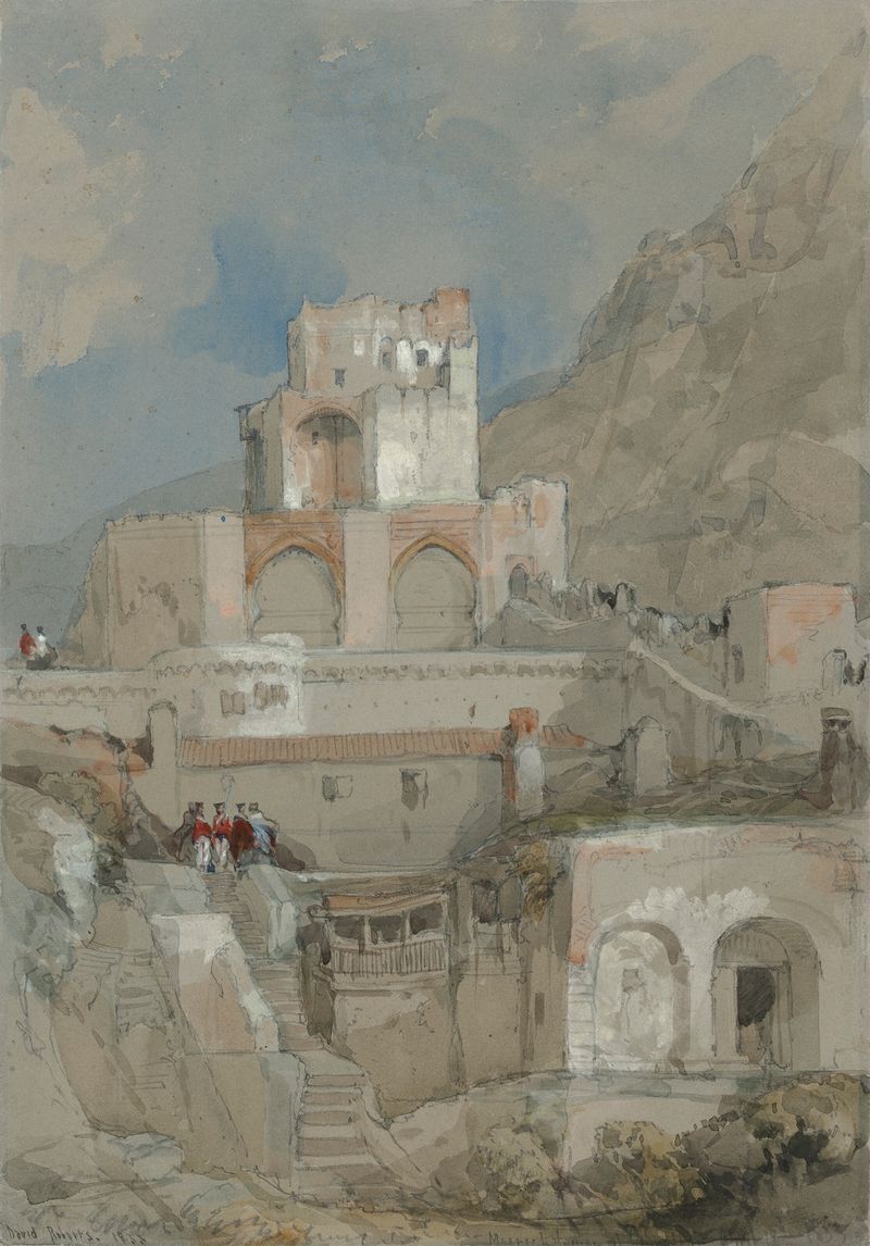 Soldados britânicos em uniforme diante da antiga cidadela mourisca em Gibraltar, óleo de David Roberts