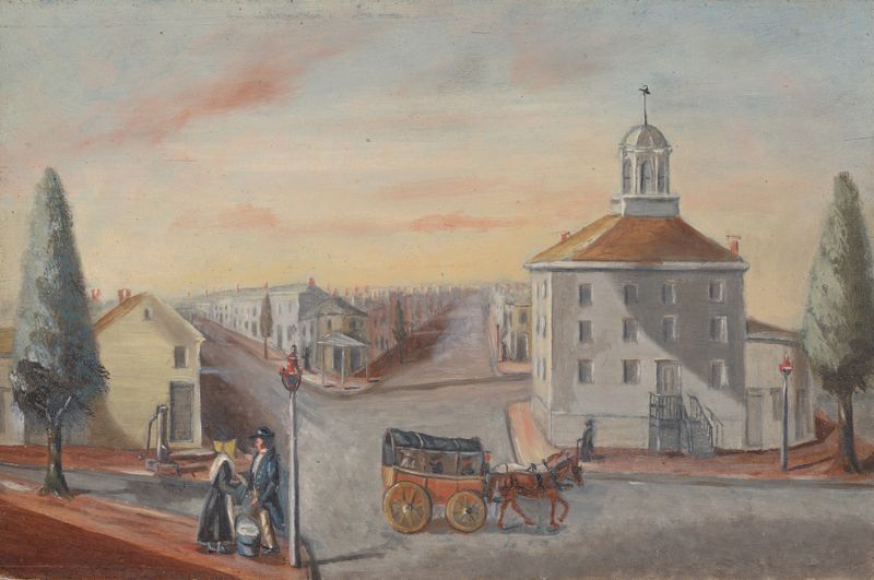 Hot Corn Seller by William P. Chappel, oil on canvas, featuring a corn seller in a bustling market
