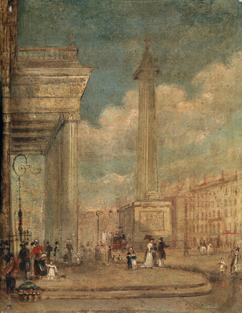 A View of O’Connell Street, Dublin de George Petrie, retratando a arquitetura em uma paleta suave.