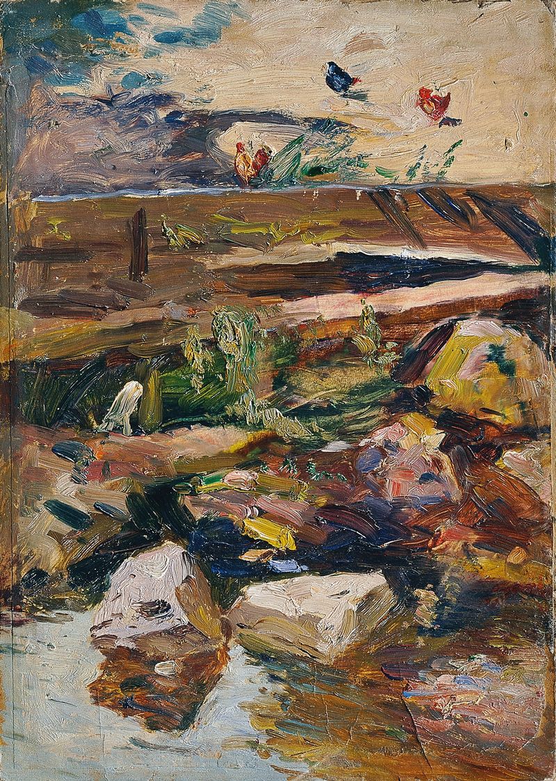 Impressionist landscape with chickens and water by Demeter Koko
