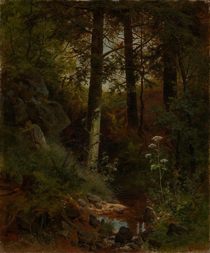 Waldeinsamkeit by Eduard Leonhardi, oil on canvas depicting a tranquil forest scene.