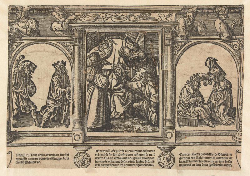 De doornkroning, uma obra em papel de Jacob Cornelisz van Oostsanen que retrata figuras históricas e uma coroa.