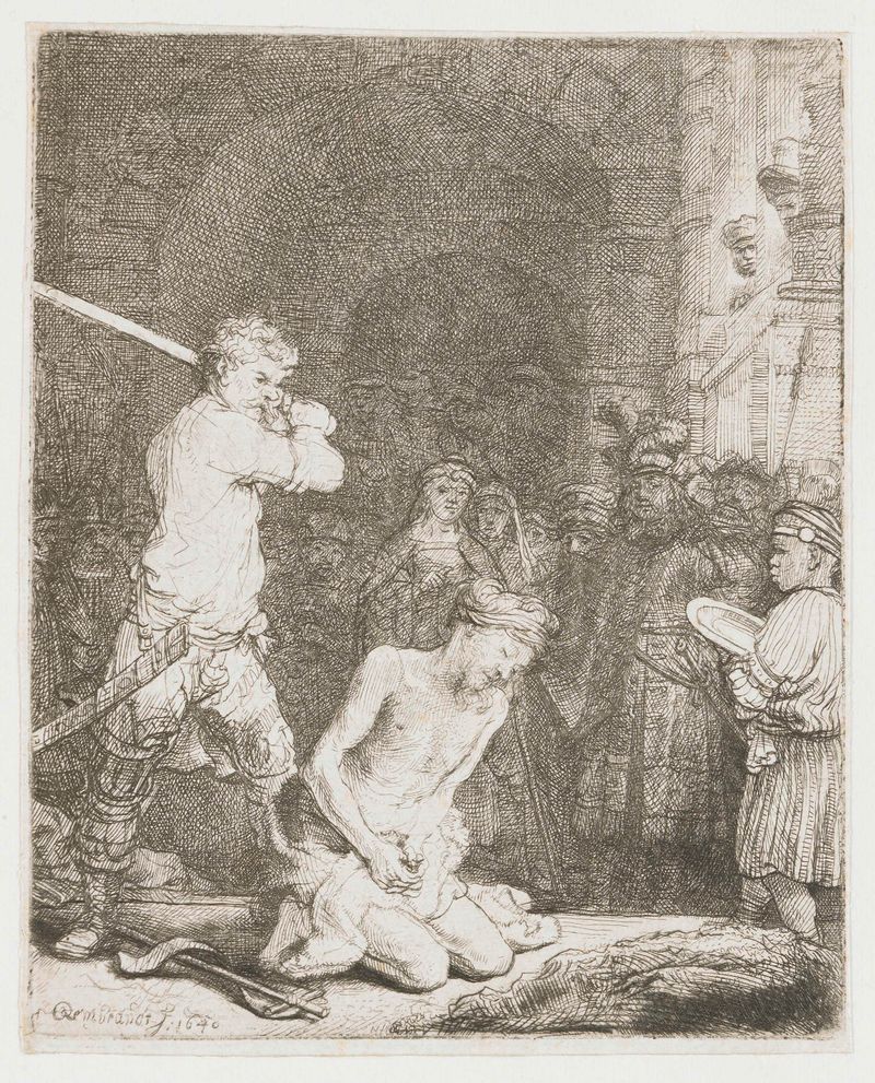A decapitação de São João Batista, gravura de Rembrandt van Rijn, retratando uma cena de execução dramática.