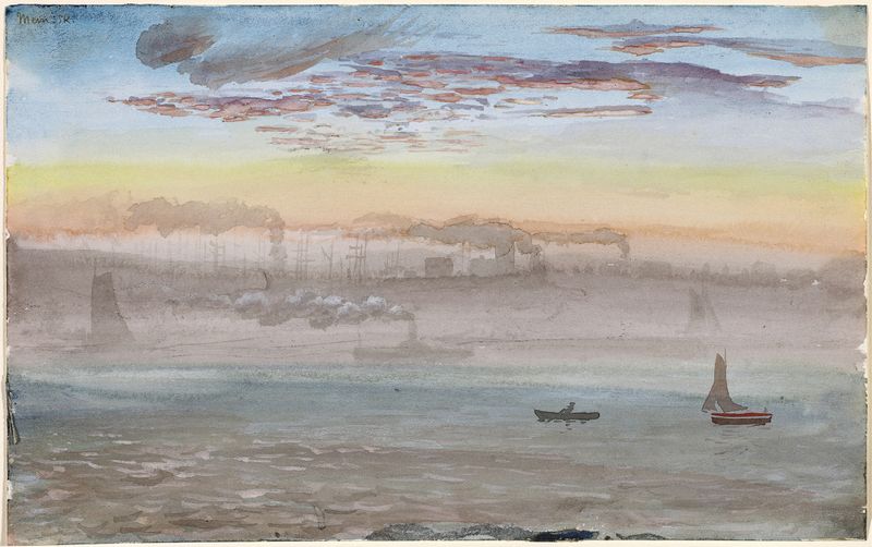 East River, Sunrise by Charles de Wolf Brownell, oil on canvas depicting a tranquil river at dawn.