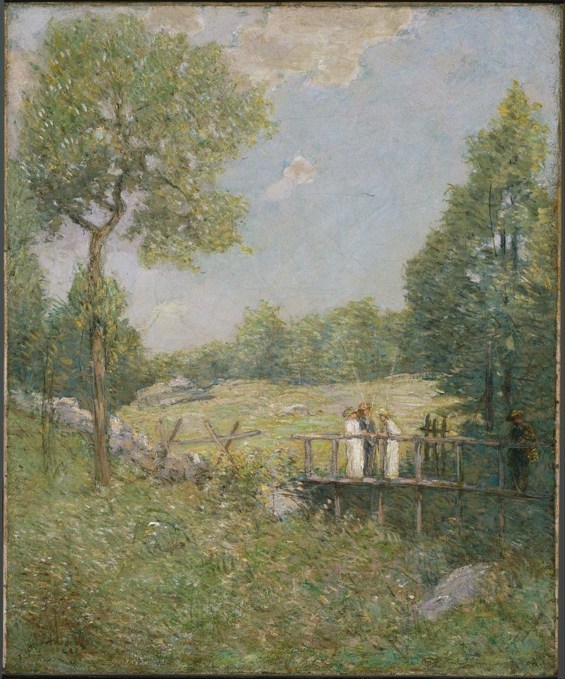 Cena de gênero com figuras perto de um lago, pintura a óleo de Julian Alden Weir.