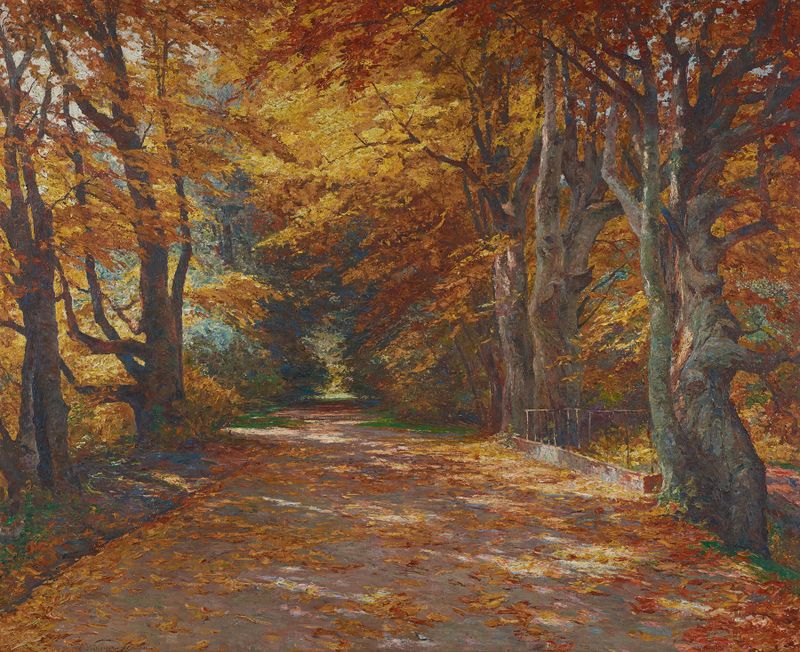 Autumn landscape with golden leaves and trees, oil painting by Olga Wisinger-Florian