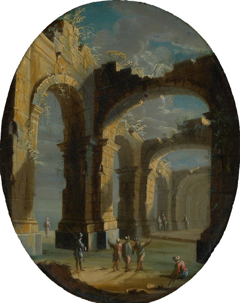 Figurative scene with figures in a church ruin, oil painting by Leonardo Coccorante