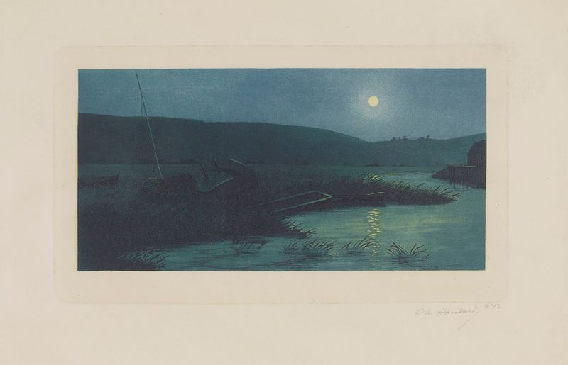 Oil painting by Charles-Louis Houdard depicting moonlight over the Bresle River
