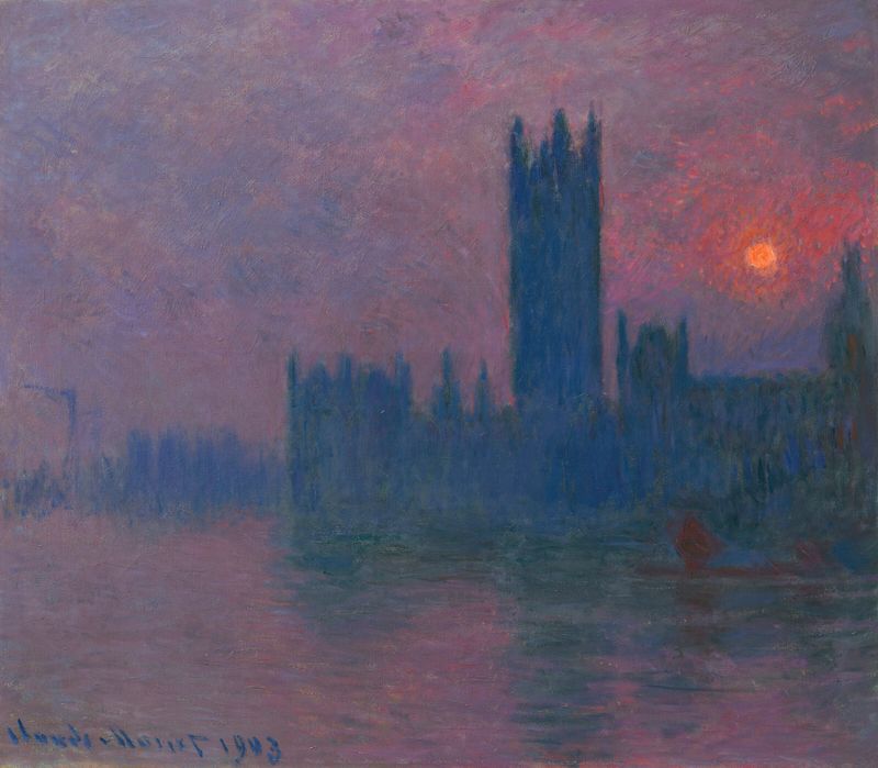 Le Parlement, soleil couchant de Claude Monet, óleo sobre lienzo que representa el crepúsculo sobre el Parlamento.