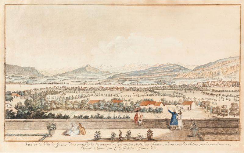 Landscape view of Geneva with mountains and lake by Christian Gottlieb Geissler