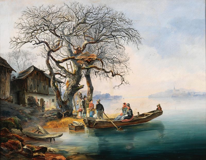 An Autumn Morning on Lake Wörthersee by Johann Werner, oil on canvas depicting a serene lake at sunrise