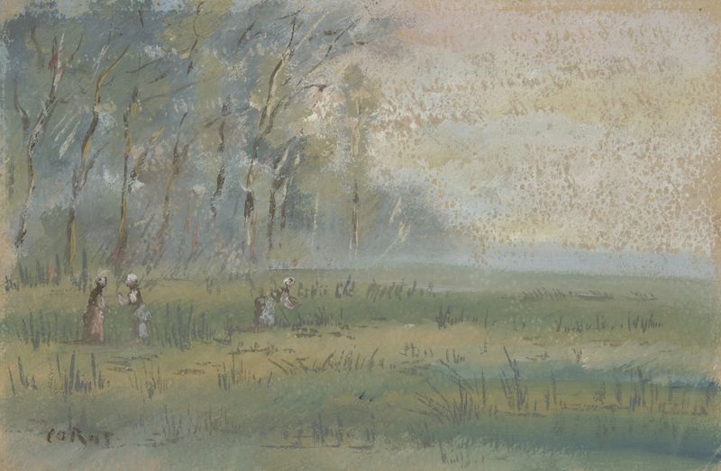 Landschaft; Près Bussières de Jean-Baptiste-Camille Corot, óleo sobre lienzo que representa un río tranquilo y árboles