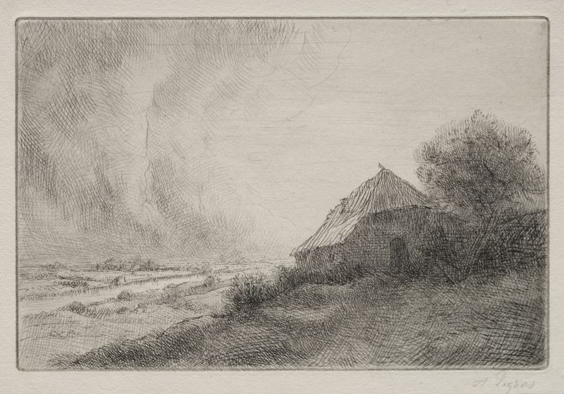 Ruined House on a Hillside de Alphonse Legros, pintura al óleo que muestra ruinas contra un cielo melancólico.