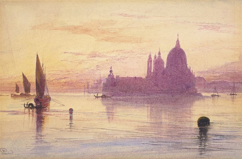 Santa Maria della Salute al atardecer, pintura al óleo de Edward Lear
