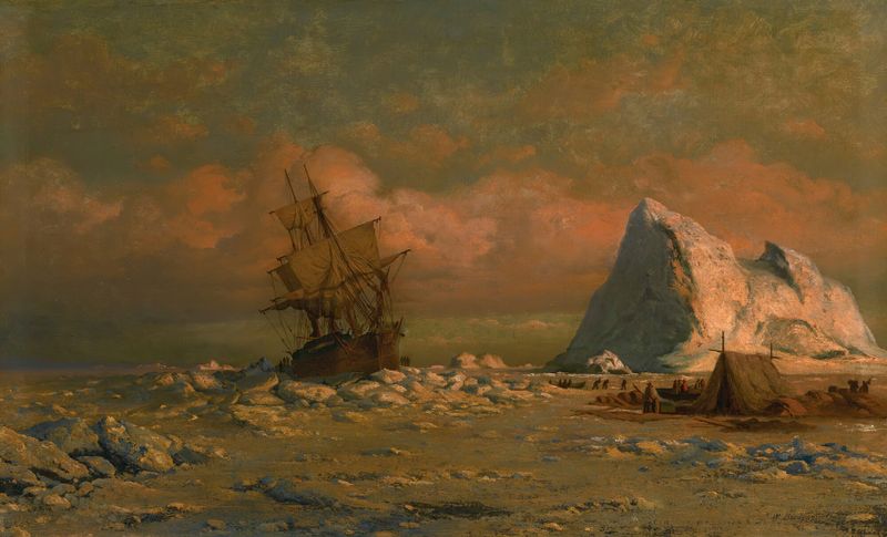 Shipping Vessel With Ice Floes And Figures de William Bradford, óleo sobre tela mostrando figuras e blocos de gelo