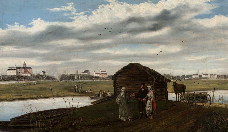 Ferry on a river under a colorful sky, oil painting by Wincenty Dmochowski