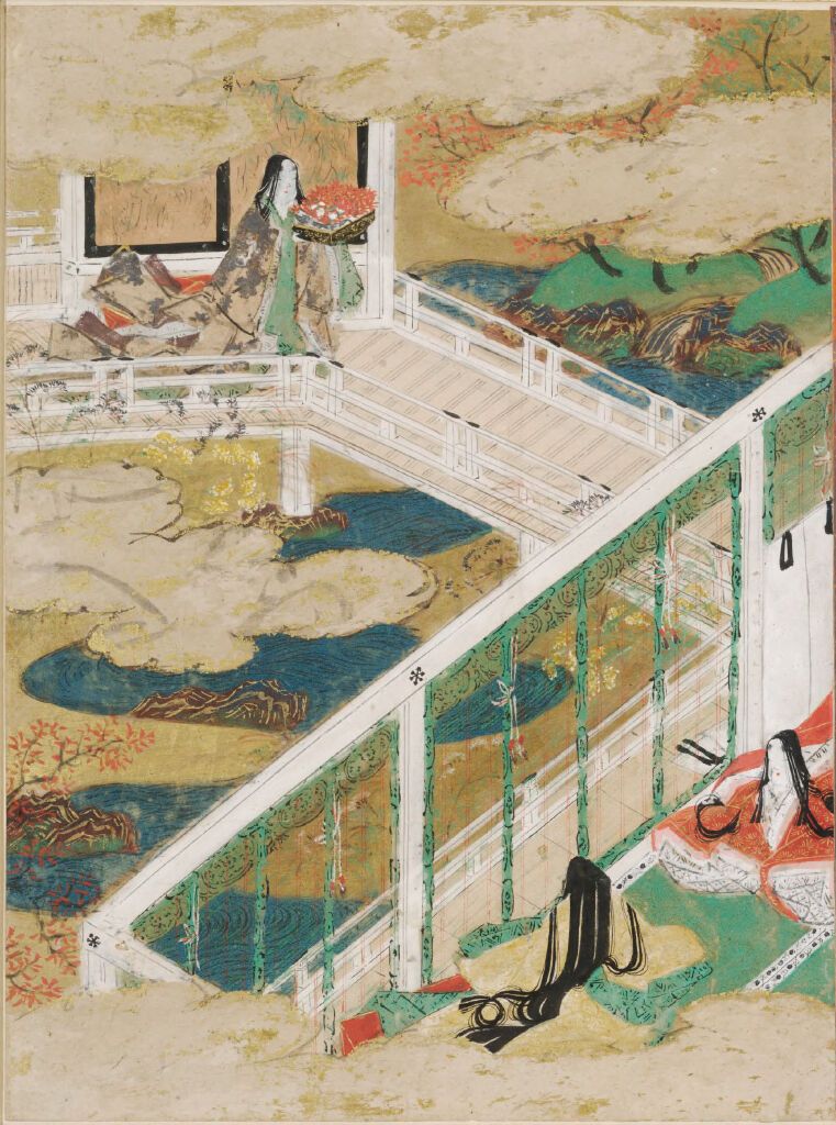 Ilustração de Tosa Mitsunobu representando juventude e emoção em ouro