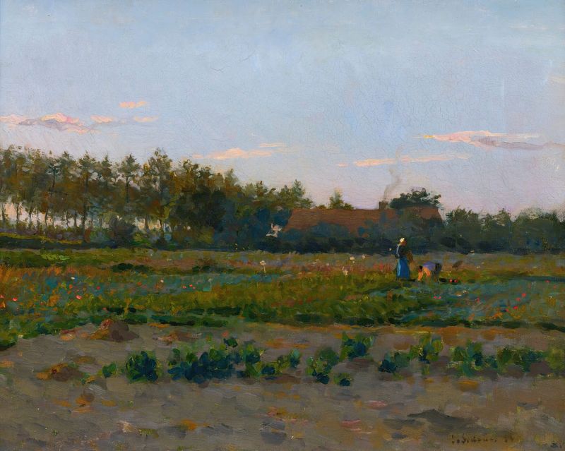 Campo de amapolas al atardecer, pintura al óleo de Henri Le Sidaner