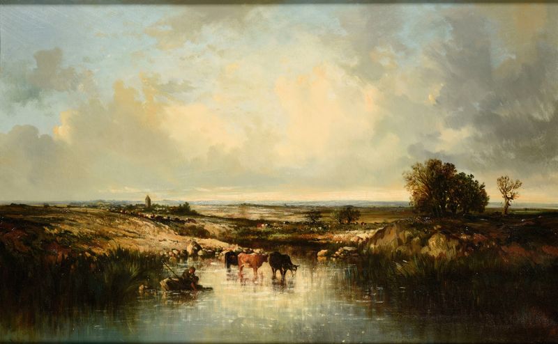 Animals by a water source in oil on canvas by Léon-Victor Dupré