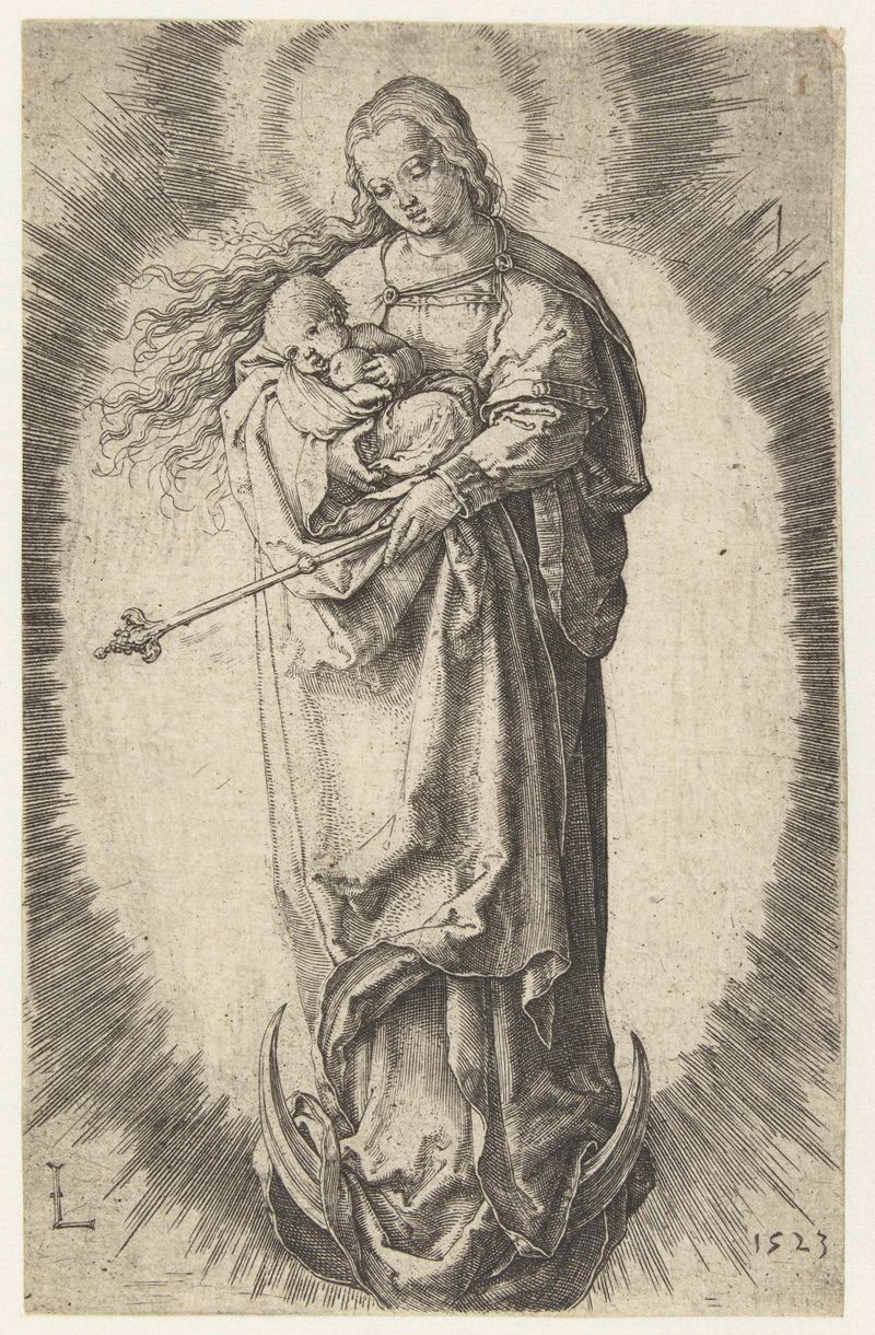 Grabado de Lucas van Leyden de la Madonna sentada sobre una luna creciente.