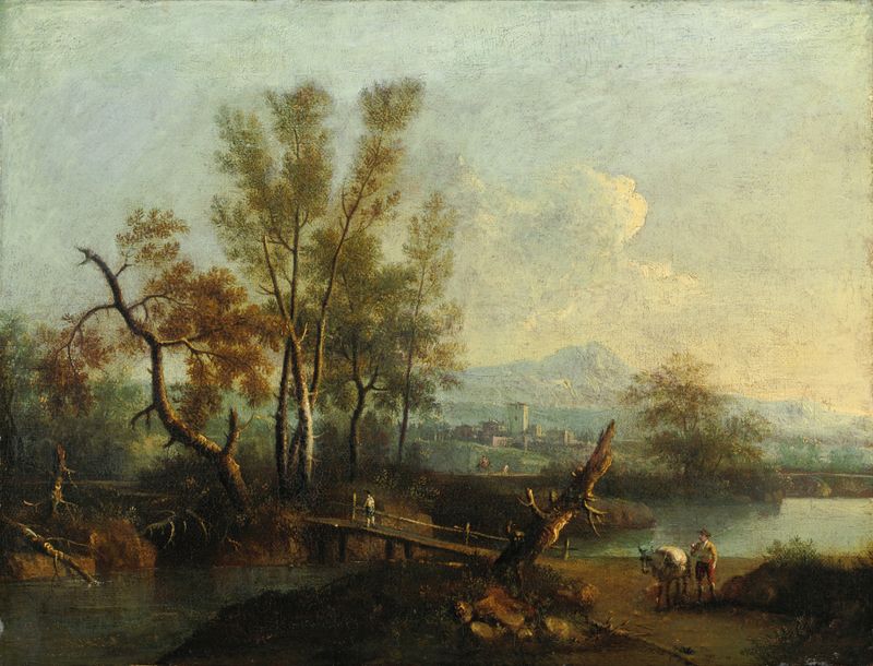 Paisaje de río con figuras de Giovanni Battista Cimaroli, óleo sobre lienzo