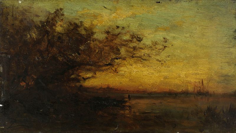 Paisaje al atardecer con reflejos en el agua de Félix Ziem, pintura al óleo