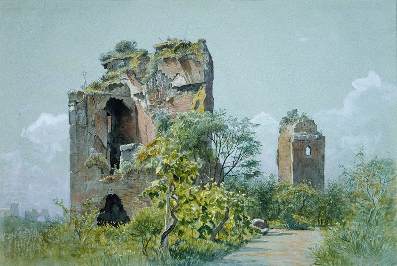 Baths of Trajan by William Stanley Haseltine, oil on canvas, depicting ancient ruins with soft light.